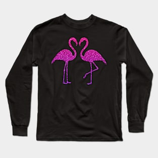 Pink Purple Ombre Faux Glitter Flamingos Silhouette Long Sleeve T-Shirt